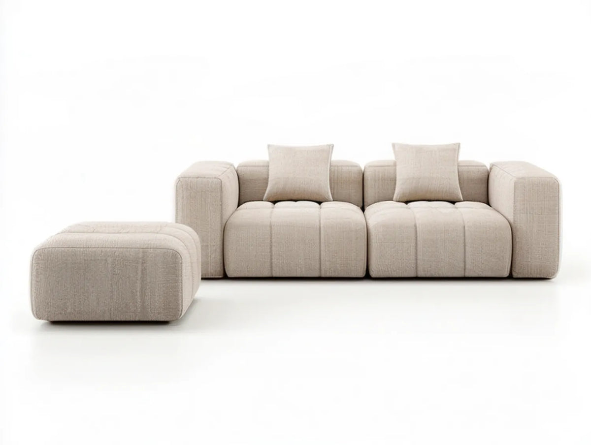 Beige Modular 3-Seat Sofa with Ottoman and 2 Throw Pillows, 100 x 41 x 31 in