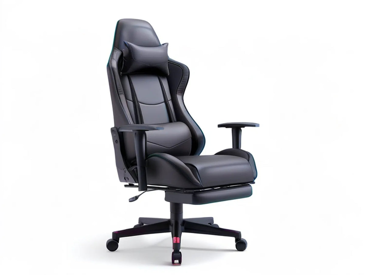 Black and Dark Gray Reclining Gaming Chair with Footrest, Head Pillow and Lumbar Pillow, 27.6 x 27.6 x 49.2-52.4 in
