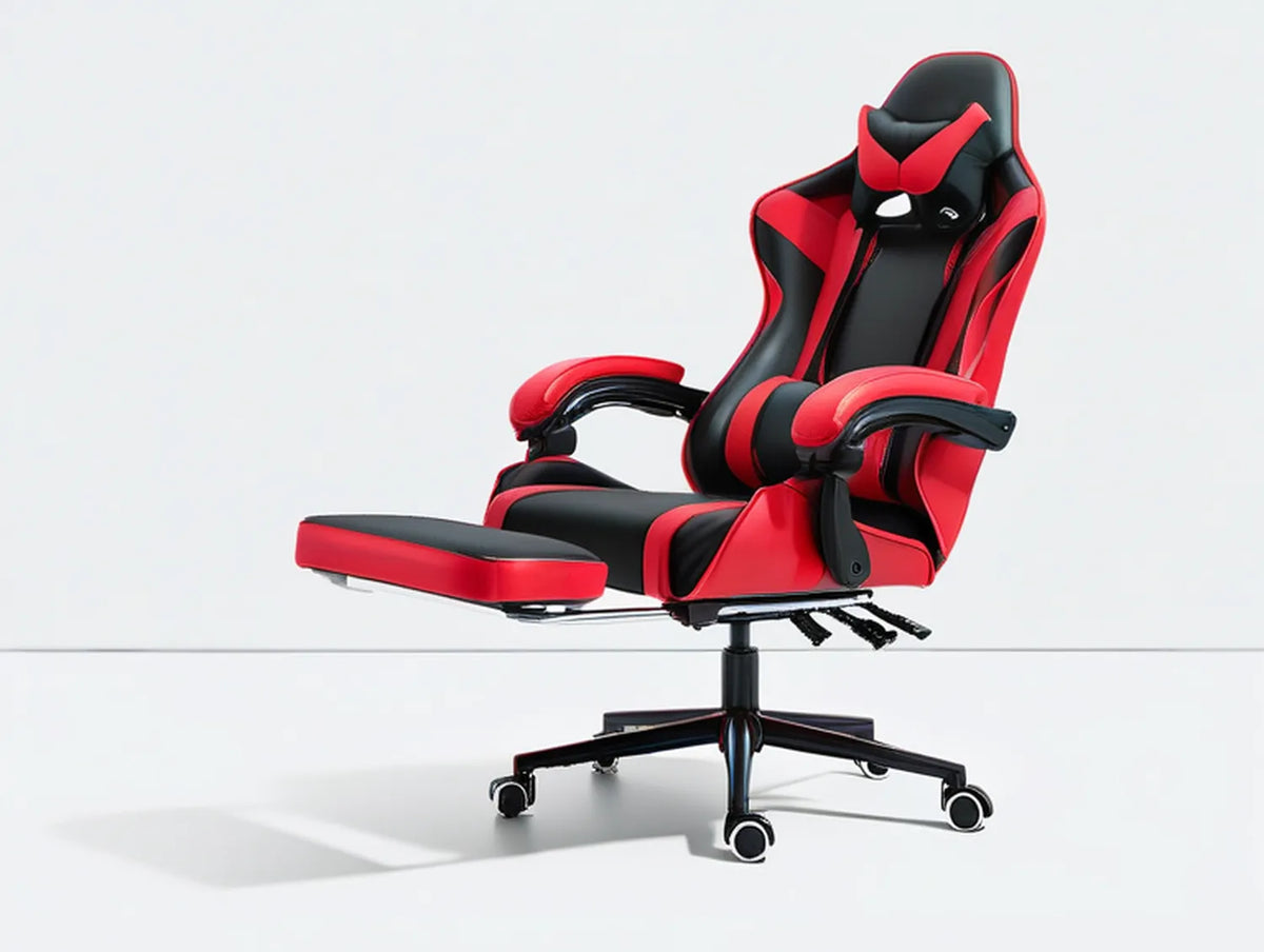 Black and Red Gaming Chair with Retractable Footrest, High Back PU Leather, 26.8 x 26.8 x 50.4-54.3 in