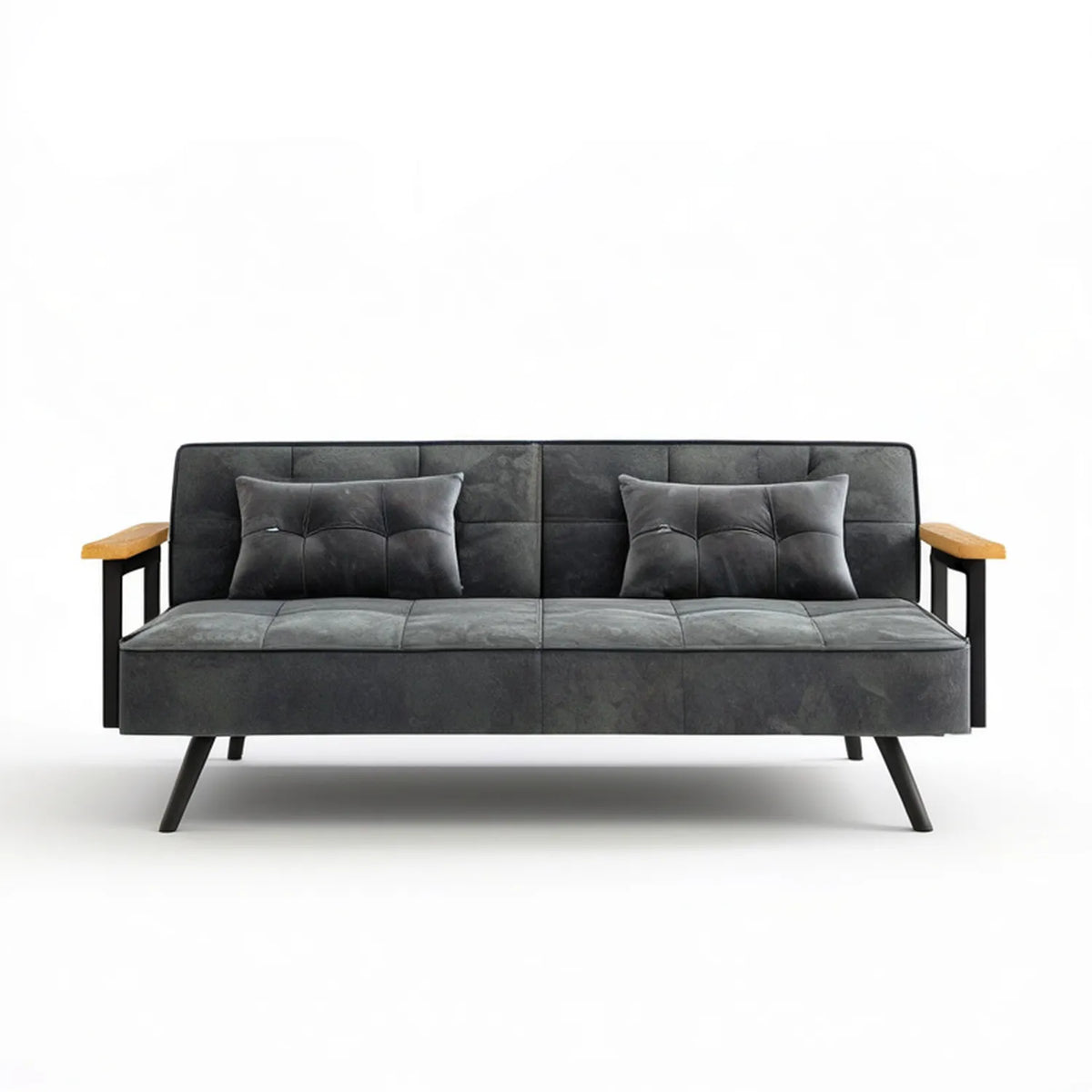 3-Seat Charcoal Gray PU Leather Sofa with Black Steel Frame and Natural Brown Wood Armrests, 75 x 31 x 33 in