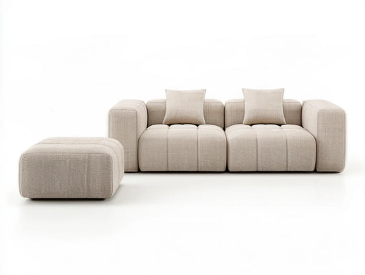 Beige Modular 3-Seat Sofa with Ottoman and 2 Throw Pillows, 100 x 41 x 31 in