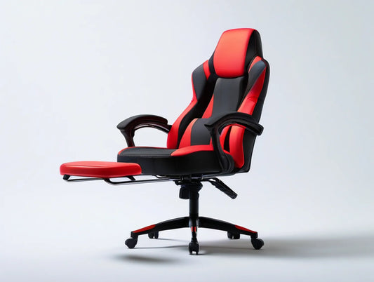 High-Back PU Leather Chair with Footrest, Red and Black, 25.6 x 25.6 x 48.4-52.4 in