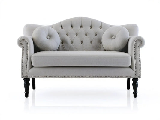 Light Gray Tufted Upholstered Loveseat with Black Wood Legs and Silver Nailhead Trim, 55 in W x 33 in D x 37 in H