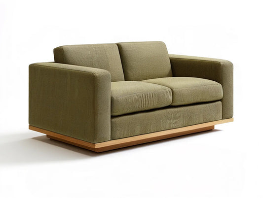 Khaki Boucle 2-Seat Loveseat with Natural Brown Wood Base, 63 x 35 x 33 in