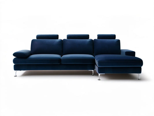 Right-Facing L-Shaped Sectional Sofa, 116 in W x 65 in D x 34 in H, Navy Blue Polyester Velvet