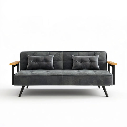 3-Seat Charcoal Gray PU Leather Sofa with Black Steel Frame and Natural Brown Wood Armrests, 75 x 31 x 33 in