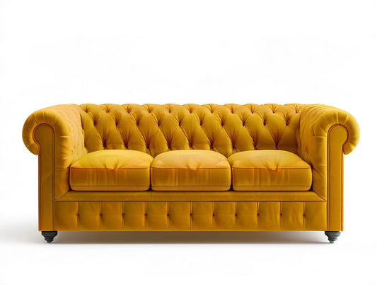 Mustard Yellow 3-Seat Chesterfield Tufted Velvet Sofa with Rolled Arms, 84 x 36 x 30 in